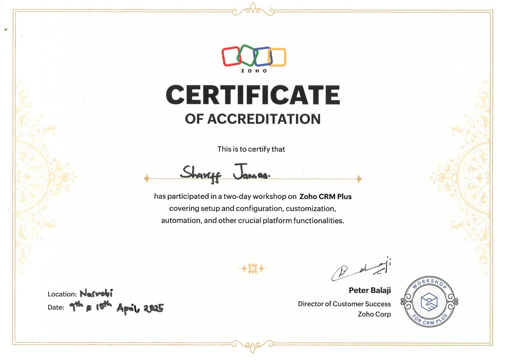 Zoho CRM Plus Certificate